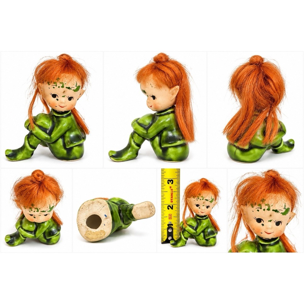 Vintage Napco Pixie Figurine Collectible Red Hair Green Outfit Knee Hugger